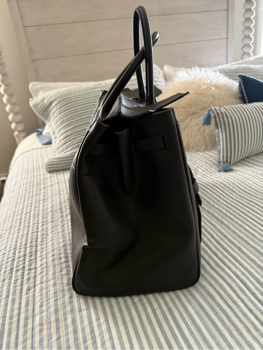 Classic Black Leather Tote Bag with Silver Hardware